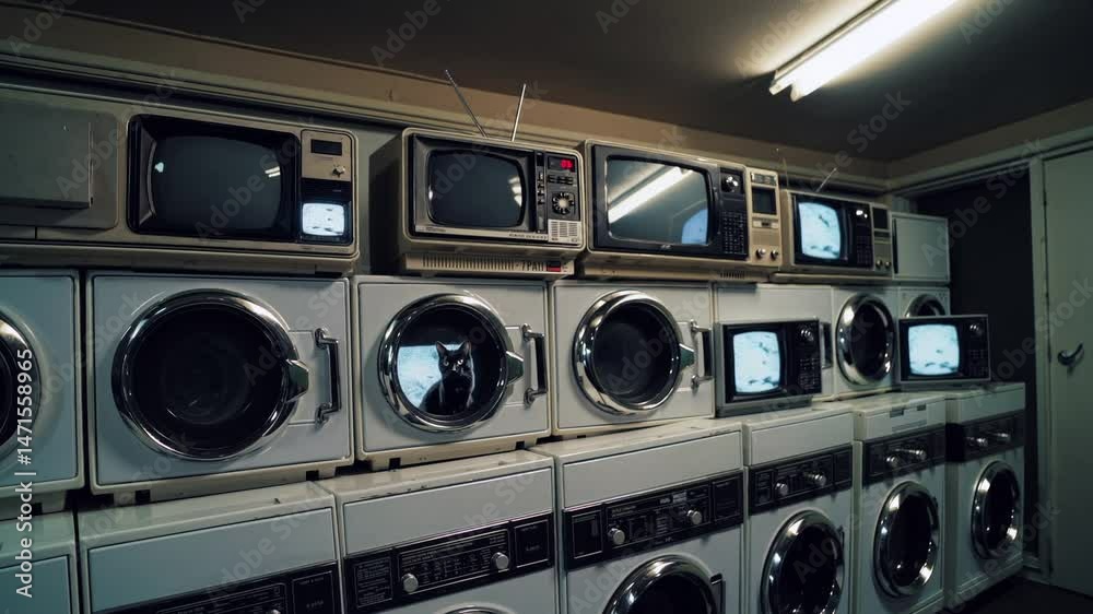 Retro laundromat ambience with vintage tvs showing static in dimly lit interior