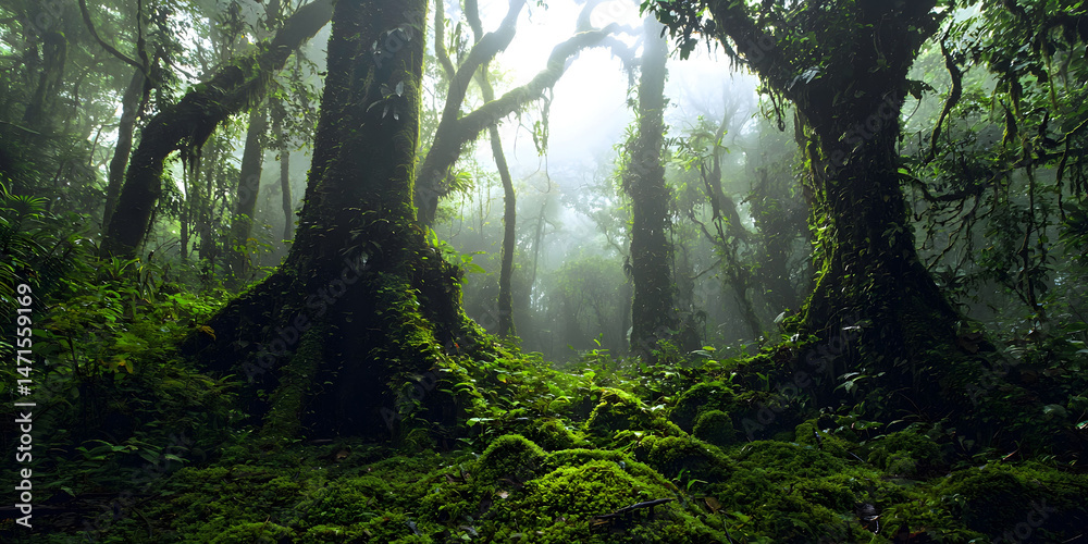 Fototapeta premium Lush Green Forest with Sunlight Streaming Through Dense Canopy