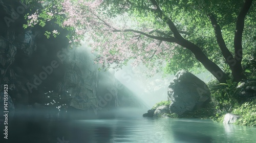 A serene landscape with a tranquil water body and blooming trees, illuminated by soft light.