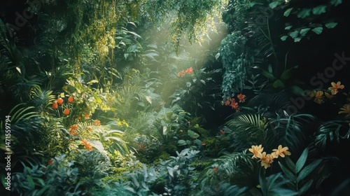 Lush green forest with vibrant flowers and dappled sunlight filtering through foliage.