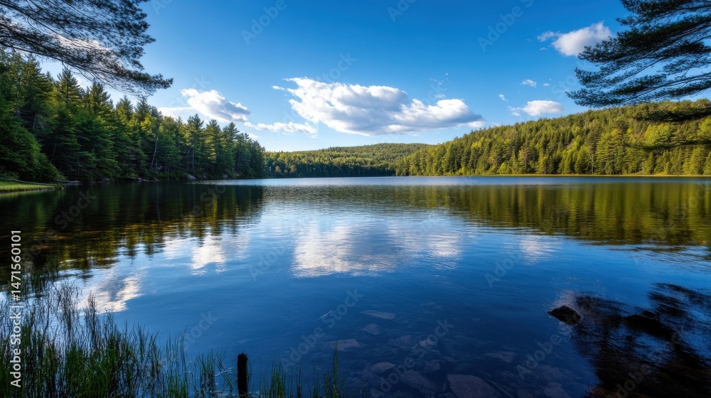Serene lake reflecting a vibrant summer sky, surrounded by lush green pine trees and tranquil waters. : Generative AI