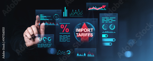 Businessman interacting with digital interface showing import tariffs, trade growth graphs and increasing statistics on dark background.