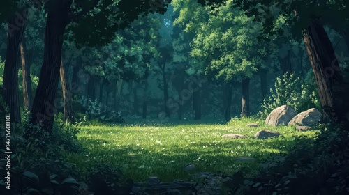 A serene forest clearing with lush greenery and scattered rocks.