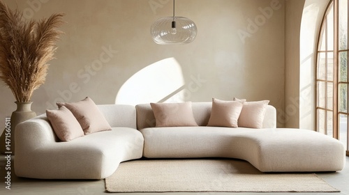 Loft home interior with beige sofa and terra cotta pillows near arched window and stucco wall in modern living room design
 photo