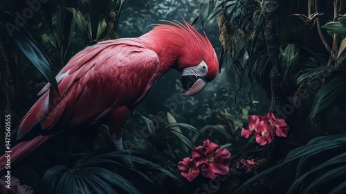 A vibrant pink parrot perched amidst lush greenery and colorful flowers in a tropical setting.