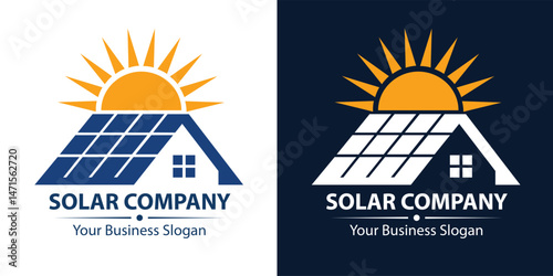Solar energy company logo design with rooftop panels and sun rays for Renewable power branding, eco house emblem, Clean electricity business identity