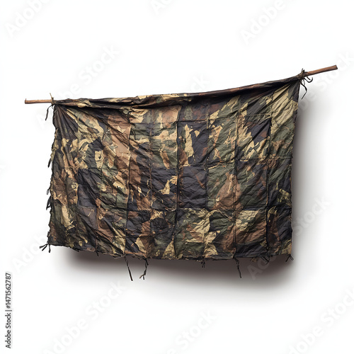 Camo tarp hanging with white background.
