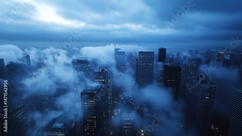 A city skyline shrouded in a thick layer of fog at twilight, with skyscrapers illuminated, creating a dramatic and moody atmosphere. : Generative AI