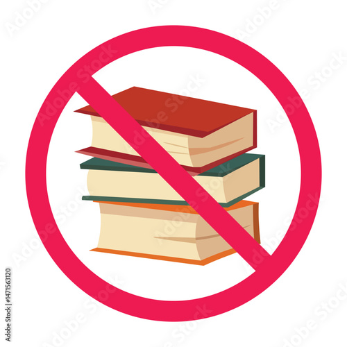 Forbidden sign with books icon, no books allowed sign, no reading sign, book prohibition sign, no study symbol 
