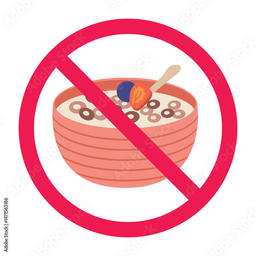 Forbidden sign with cereal milk in bowl icon, no porridge oatmeal allowed sign, porridge prohibition sign, no breakfast cereal symbol 