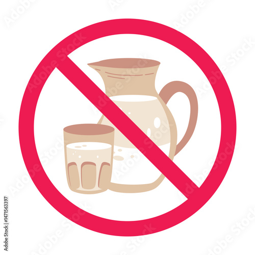 Forbidden sign with milk jug icon, no milk allowed sign, milk drinking prohibition symbol 