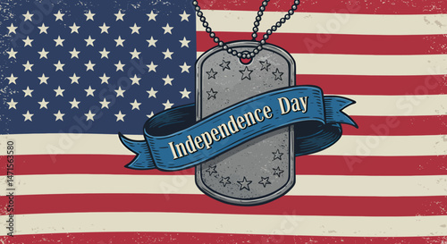 Vintage USA Independence Day Banner with Dog Tags and American Flag