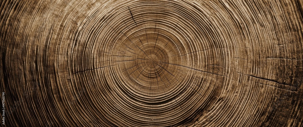 Fototapeta premium Detailed cross section of a tree trunk, showcasing concentric growth rings and radial cracks. The sepia tone enhances the wood's natural texture and age. : Generative AI
