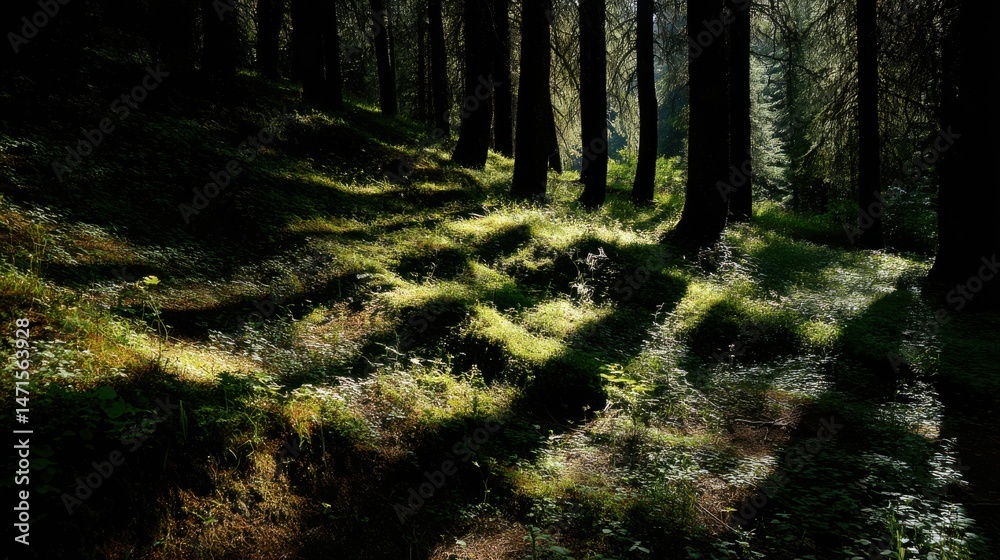 Obraz premium Sunlight through trees casts beautiful patterns on the forest floor