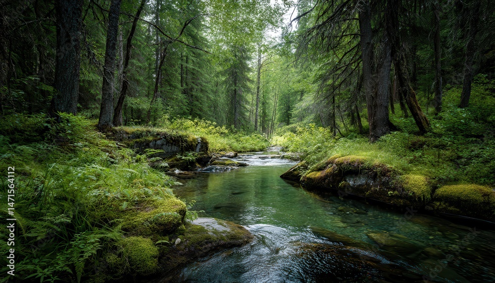 Obraz premium A crystalclear stream flows gently through the lush forest