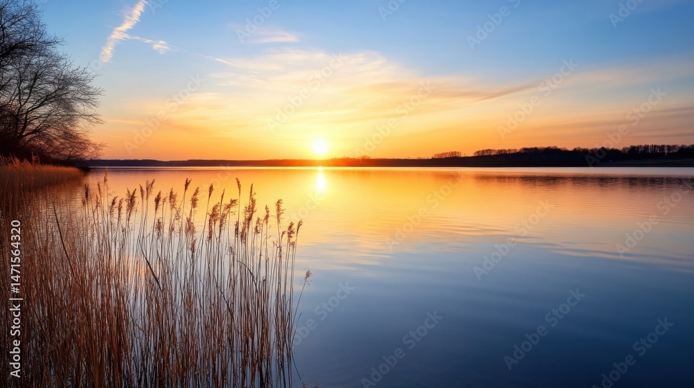 Obraz premium Serene sunset over a calm lake, reflecting golden hues in the tranquil water, with tall reeds silhouetted against the vibrant sky. : Generative AI