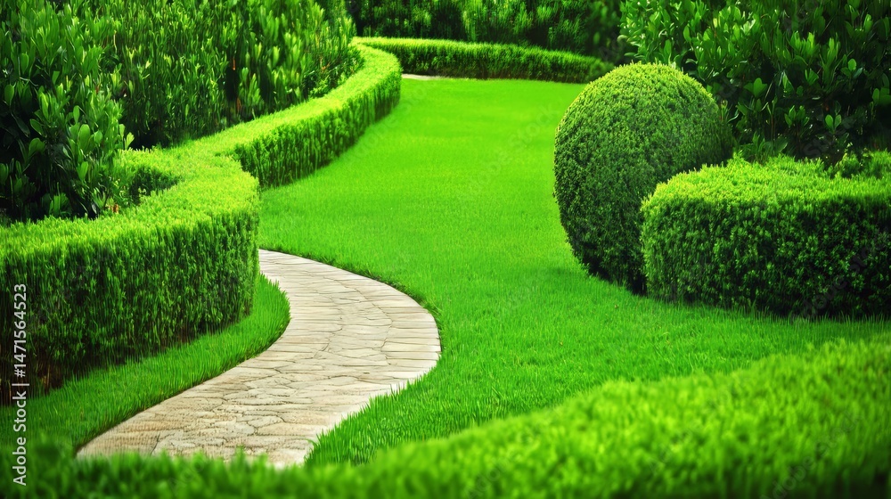 Fototapeta premium A serene garden path framed by symmetrical hedges, inviting exploration in a tranquil setting