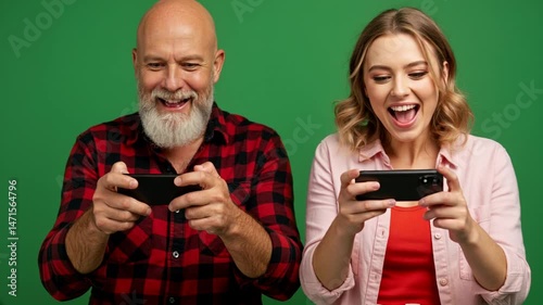 A man and a woman excitedly play mobile games against a vibrant green backdrop