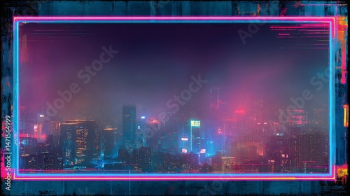 City skyline at night with colorful lights and a neon frame.