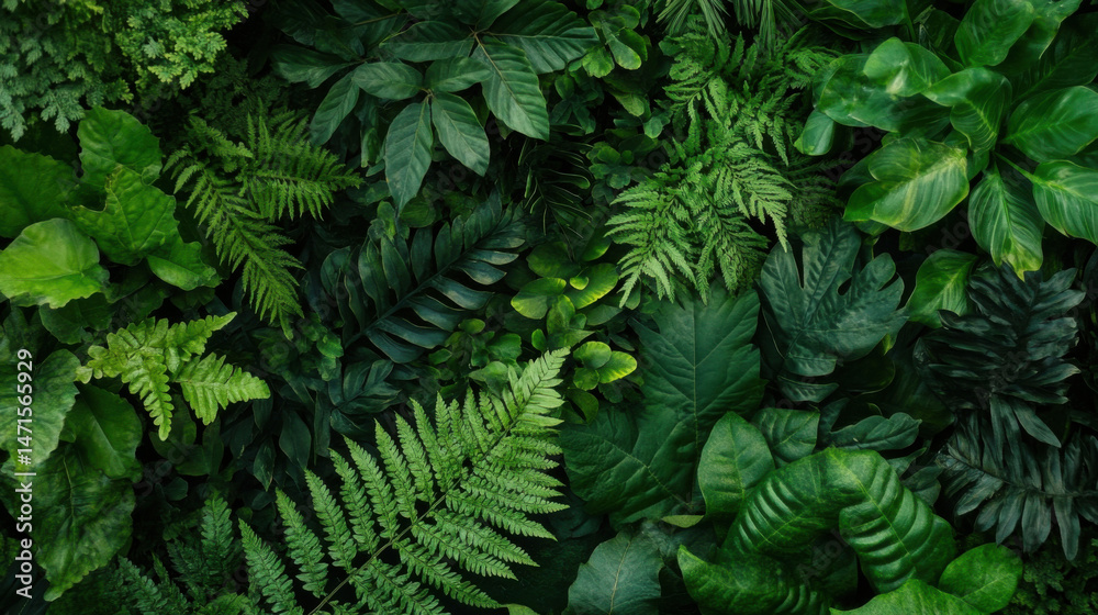 Fototapeta premium Lush Green Tropical Foliage Background: A vibrant, dense collection of various ferns, leaves, and plants creates a rich, textured backdrop ideal for nature-themed designs. : Generative AI