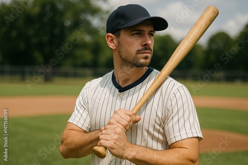 Focused baseball player holding bat.
