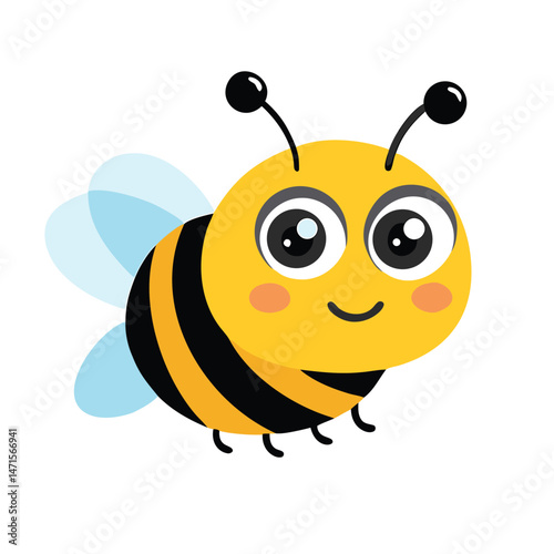 Cartoon happy flying bee with big kind eyes Vector isolated on white
