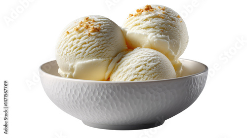 Vanilla Ice Cream Delight: A trio of creamy vanilla ice cream scoops, adorned with a sprinkle of golden crumble, served in a beautifully textured white bowl. A symphony of flavor and texture.