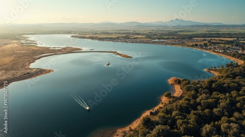 Sunny aerial view of the Ebro Delta’s winding waterways at midday.