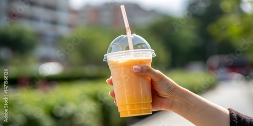 Man enjoys a cold, fresh orange juice with a straw, a healthy summer refreshment