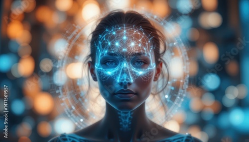 Futuristic Portrait of a Woman with Digital Facial Patterns and Abstract Light Background for Technology Themes