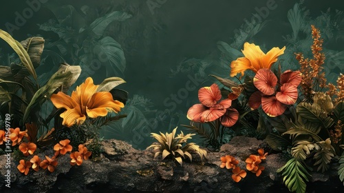 A vibrant floral arrangement featuring various tropical flowers against a dark background.
