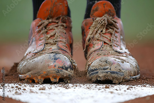 Muddy Orange Baseball Cleats on a Baseball Field