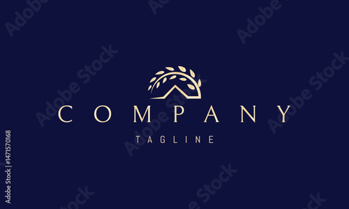 Vector golden logo with an abstract image of a house roof with a wheat ear above it in the shape of the sun.