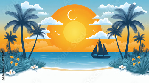 Tropical sunset beach scene illustration