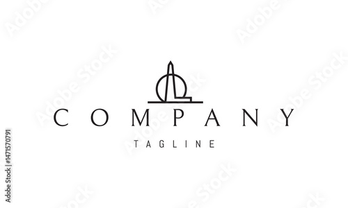 Vector logo with an abstract image of a lighthouse against the backdrop of a rising sun.