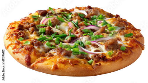 Delicious Meat Pizza: A savory meat pizza with melted cheese, sliced red onions, and fresh green onions. The pizza is presented on a white background, ready to be enjoyed.