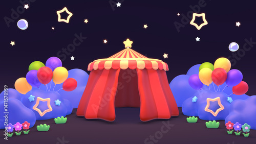 3D render cartoon circus balloons party at night.