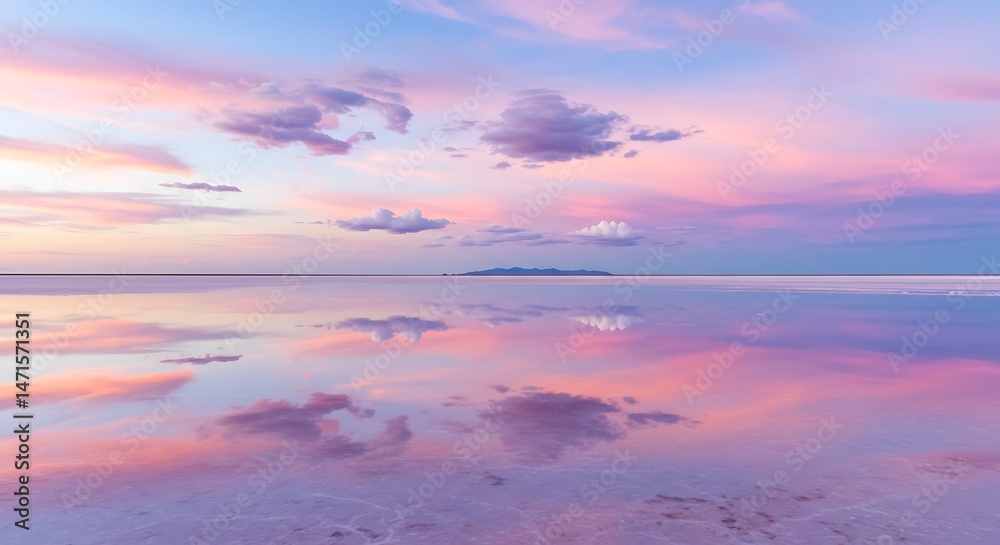 Fototapeta premium Pastel skies over salt flats with mirror reflections. Serene sunset colors and cloud patterns ideal for background or calming visuals.