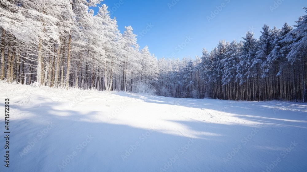 Fototapeta premium Sunlit snow drifts in a winter forest, showcasing snow-covered pine trees under a vibrant blue sky. The scene evokes serenity and the beauty of a cold, crisp winter day. : Generative AI