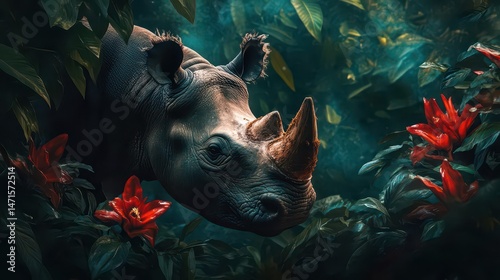 A rhinoceros peeks through lush foliage and vibrant flowers in a mystical setting.