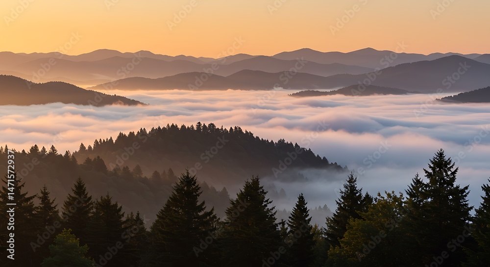 Fototapeta premium Golden hour mist over valley and forested hills. Serene landscape with sunlight and clouds ideal for romantic, dreamy stock use.