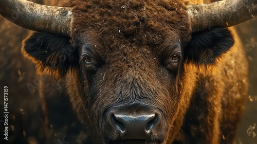 Close-up of a bison with a textured fur coat and intense gaze.