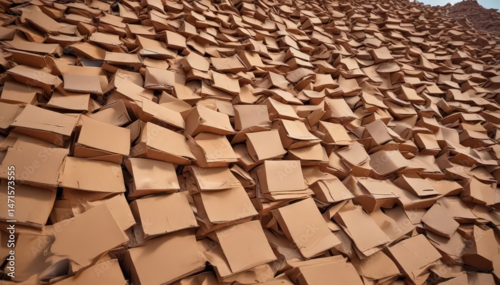 Fototapeta premium A mountain of used brown cardboard awaiting disposal , waste disposal, cardboard pile, reuseable material