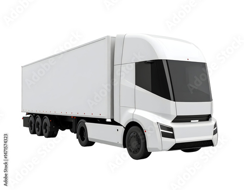 A big white cargo electric truck, essential for commercial freight transportation and the trucking industry, is isolated on a white background