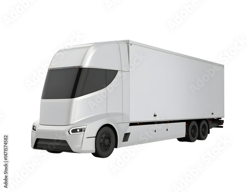 A big white cargo electric truck, essential for commercial freight transportation and the trucking industry, is isolated on a white background
