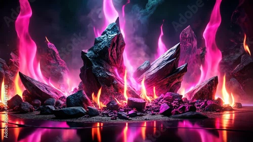 Mesmerizing magenta flames dance around dark rocks, creating a surreal and otherworldly scene.