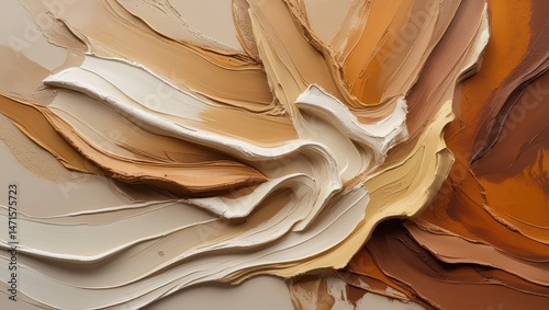 An abstract painting showcasing warm tones of beige, brown, and orange. The fluid brushstrokes create a serene, textured landscape that evokes feelings of warmth and tranquility