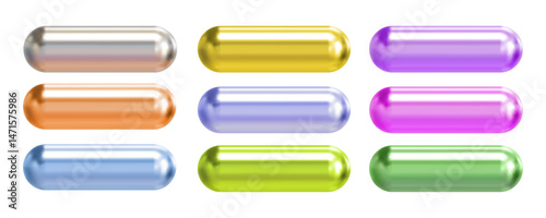 Glossy colorful 3D capsule buttons set in metallic chrome style on white background, includes silver, gold, purple, orange, blue, green, and pink pill shapes