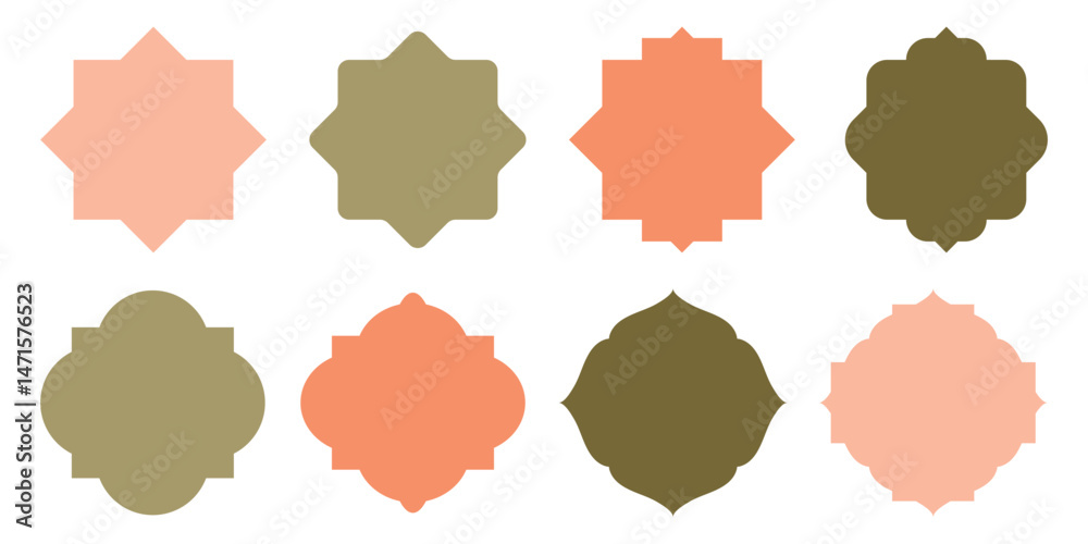 Set of Islamic shape window frame in flat style. Arab frame set. Ramadan Kareem silhouette icon. Mosque gate. Islamic arabesque pattern.