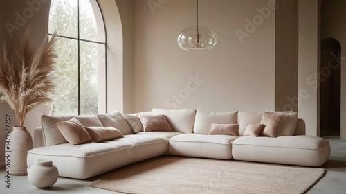 Modern loft living room featuring arched window, stucco wall, and beige sofa with terra cotta pillows in stylish home interior
 photo